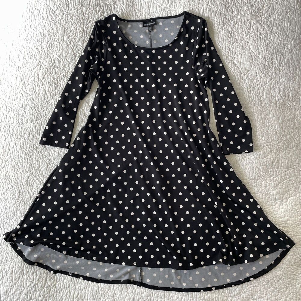 Nina Leonard Black Polka Dot Fit Flare Dress Pockets Hi Low S Mod Retro Chic
